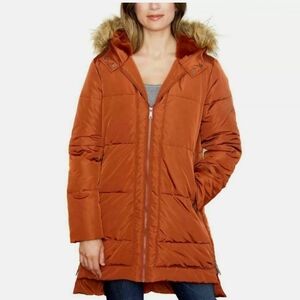 Women's Warm Orange Puffer Coat with Faux Fur Hood